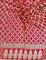Vermillion Red Pure Khaddi Georgette Rye Bandhej Dupatta With Banarasi Weave