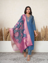 Yale blue embroidered suit with bandhej print dupatta