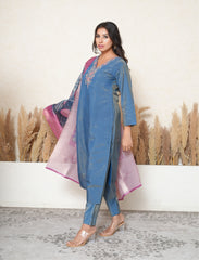 Yale blue embroidered suit with bandhej print dupatta