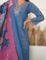 Yale blue embroidered suit with bandhej print dupatta