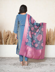Yale blue embroidered suit with bandhej print dupatta