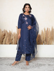 Royal Blue floral embroidered threadwork suit set