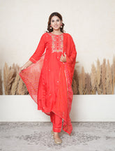 Candy apple red chanderi silk suit with hand embroidery