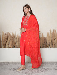 Candy apple red chanderi silk suit with hand embroidery