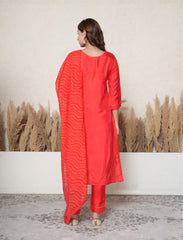 Candy apple red chanderi silk suit with hand embroidery