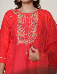 Candy apple red chanderi silk suit with hand embroidery