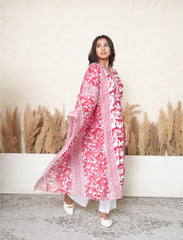 Burgundy Red Floral Printed Suit Set with Mirror & Lace Work