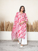 Burgundy Red Floral Printed Suit Set with Mirror & Lace Work