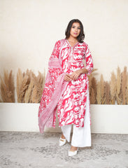 Burgundy Red Floral Printed Suit Set with Mirror & Lace Work