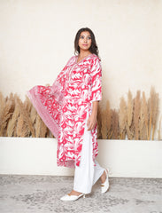 Burgundy Red Floral Printed Suit Set with Mirror & Lace Work