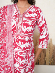 Burgundy Red Floral Printed Suit Set with Mirror & Lace Work