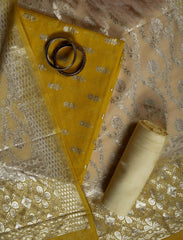 Tuscany Yellow Banarasi Chanderi Cotton Silk Suit With Contrast Dupatta