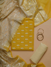 Tuscany Yellow Banarasi Chanderi Cotton Silk Suit With Contrast Dupatta