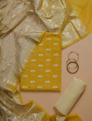 Tuscany Yellow Banarasi Chanderi Cotton Silk Suit With Contrast Dupatta