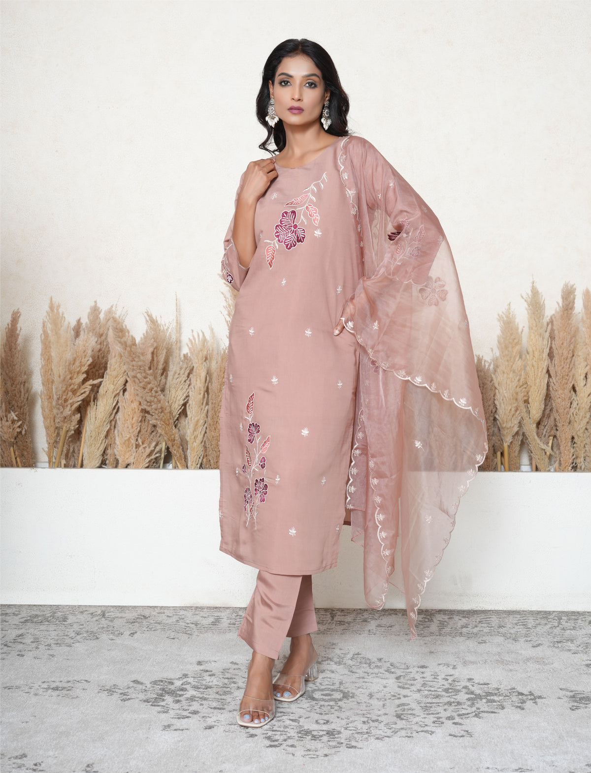 Light taupe  floral embroidered suit set