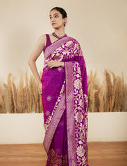 Purple Handloom Pure Katan Silk Banarasi Saree