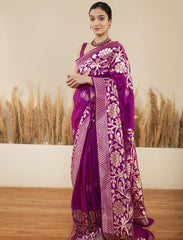 Purple Handloom Pure Katan Silk Banarasi Saree
