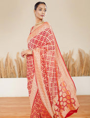 Red Handwoven Rye Bandhej Pure Khaddi Georgette Saree