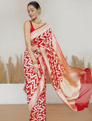 Red Pure Khaddi Georgette Handloom Saree