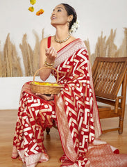 Red Pure Khaddi Georgette Handloom Saree