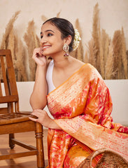 Orange Handloom Upada Jaal Pure Katan Silk Saree