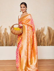 Orange Handloom Upada Jaal Pure Katan Silk Saree