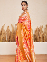 Orange Handloom Upada Jaal Pure Katan Silk Saree