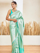 Turquoise Blue Pure Handloom Katan Satin Silk Banarasi Saree