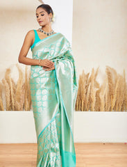 Turquoise Blue Pure Handloom Katan Satin Silk Banarasi Saree
