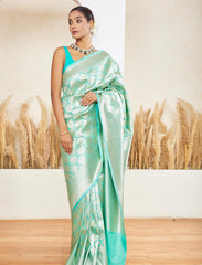 Turquoise Blue Pure Handloom Katan Satin Silk Banarasi Saree