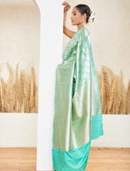 Turquoise Blue Pure Handloom Katan Satin Silk Banarasi Saree