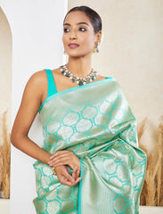 Turquoise Blue Pure Handloom Katan Satin Silk Banarasi Saree