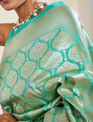 Turquoise Blue Pure Handloom Katan Satin Silk Banarasi Saree