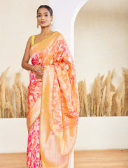 Peachy Orange Pure Handloom Jaal Katan Silk Saree
