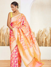Peachy Orange Pure Handloom Jaal Katan Silk Saree