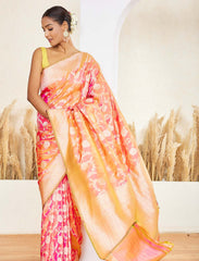 Peachy Orange Pure Handloom Jaal Katan Silk Saree