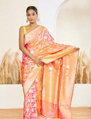 Peachy Orange Pure Handloom Jaal Katan Silk Saree