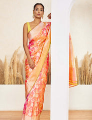 Peachy Orange Pure Handloom Jaal Katan Silk Saree