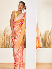 Peachy Orange Pure Handloom Jaal Katan Silk Saree