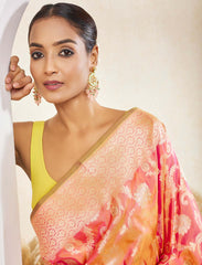 Peachy Orange Pure Handloom Jaal Katan Silk Saree