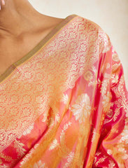 Peachy Orange Pure Handloom Jaal Katan Silk Saree