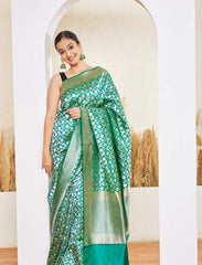 Green Handloom Upada Jaal Pure Katan Silk Banarasi Saree