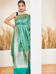 Green Handloom Upada Jaal Pure Katan Silk Banarasi Saree