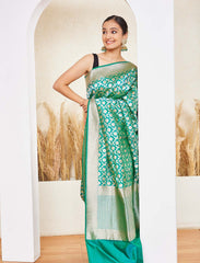 Green Handloom Upada Jaal Pure Katan Silk Banarasi Saree