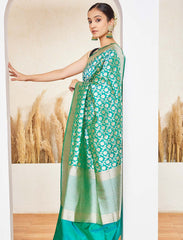 Green Handloom Upada Jaal Pure Katan Silk Banarasi Saree