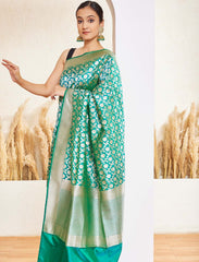 Green Handloom Upada Jaal Pure Katan Silk Banarasi Saree