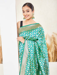 Green Handloom Upada Jaal Pure Katan Silk Banarasi Saree