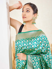 Green Handloom Upada Jaal Pure Katan Silk Banarasi Saree