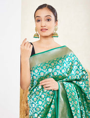 Green Handloom Upada Jaal Pure Katan Silk Banarasi Saree