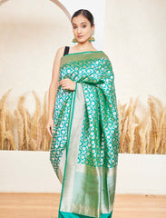 Green Handloom Upada Jaal Pure Katan Silk Banarasi Saree